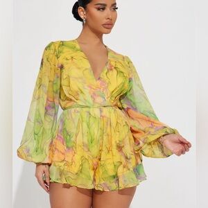 Fashion Nova Yellow Multi Watercolor Tie-Waist Chiffon Romper